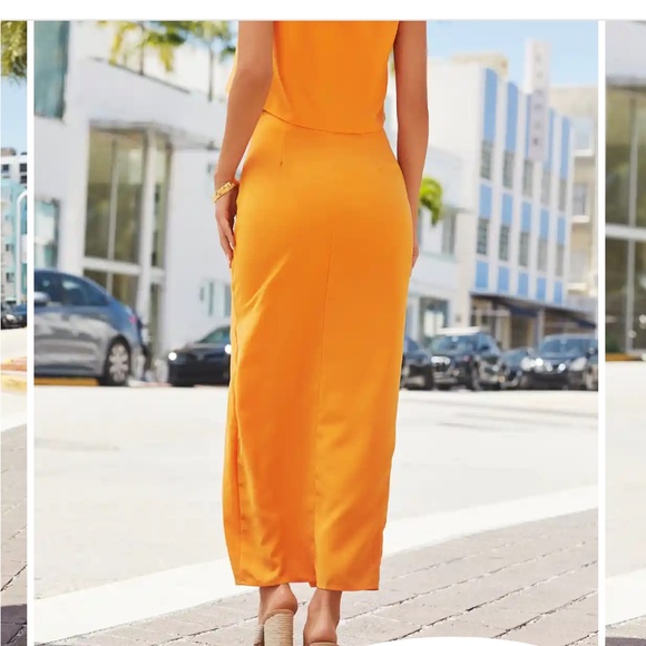 Vici Keys woven slit midi skirt in tangerine (comes with top) - Picture 2 of 9